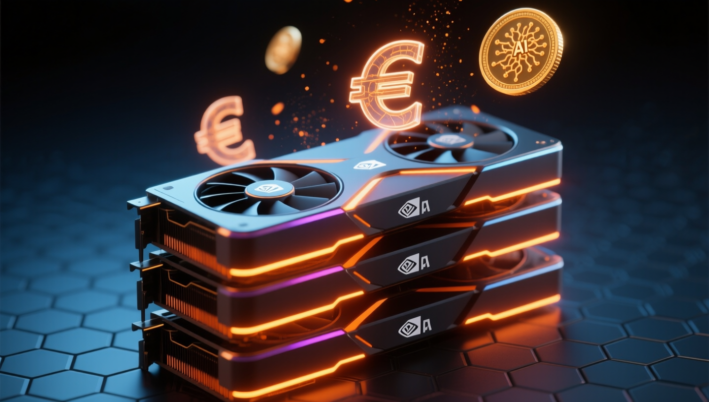 Ultra-detailed cinematic macro photograph of three premium NVIDIA RTX 4090 GPUs stacked vertically in a professional server rack configuration, each card featuring triple-fan cooling systems with visible aluminum heatsink fins and metallic backplates; warm amber and orange volumetric god rays emanating from the GPU edges creating dramatic rim lighting; translucent holographic euro currency symbols (€) in various sizes floating upward in a graceful arc alongside glowing AI neural network node patterns and data stream particles representing passive income flow; dark navy blue (#0a1628) to pure black (#000000) gradient backdrop with subtle hexagonal mesh pattern suggesting technical infrastructure; shallow depth of field (f/1.4) with creamy bokeh effect blurring the background; dramatic side lighting (45-degree angle) creating sharp rim light on GPU edges and fan blades; photorealistic 3D render style with ray-traced reflections on metallic surfaces; high contrast with deep shadows (80% black levels); premium tech aesthetic with clean composition; 8K resolution quality with sharp details on GPU text and logos; fine particles of light dust suspended in air catching the amber glow creating atmosphere; emphasis on AI workload monetization and compute power, NOT cryptocurrency mining; color palette: deep blues, warm ambers (#f59e0b), metallic silvers, with accent highlights in electric blue (#3b82f6); composition: right-weighted with GPUs occupying 60% of frame, currency symbols flowing from left to upper-right creating dynamic movement