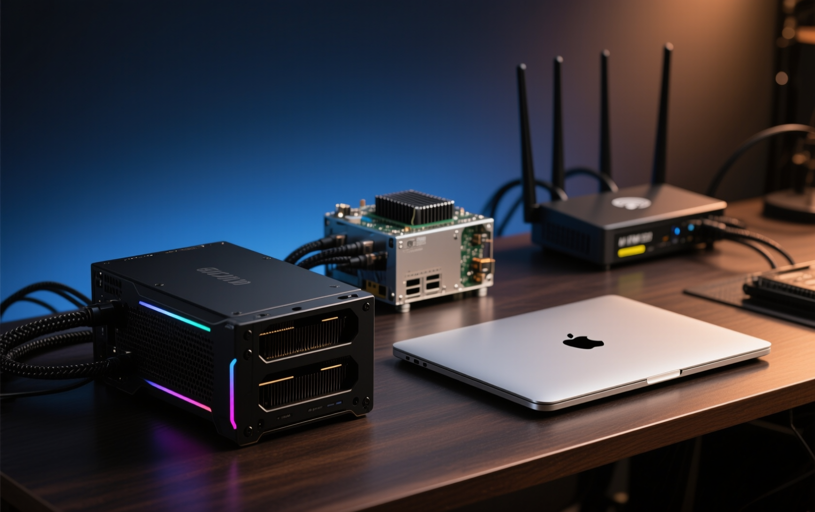 Professional product photography of a modern homelab setup on a dark wooden desk with warm ambient lighting: foreground shows a matte black GPU tower PC with subtle RGB accents and visible PCIe slots, mid-ground features a silver M-series MacBook Pro with glowing Apple logo, background includes a compact mini-ITX workstation with exposed heatsinks and a consumer-grade WiFi router with antenna array. Shallow depth of field creates bokeh effect on background elements. Organized cable management with braided black cables. Dark navy gradient backdrop (hex #0f172a to #1e293b). Matte finishes throughout, no glossy surfaces. Studio lighting creates soft highlights on metal chassis. Conveys distributed computing across ALL your home network hardware working in harmony.