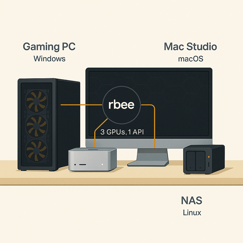 Homelab setup with gaming PC, Mac Studio, and NAS server orchestrated by rbee