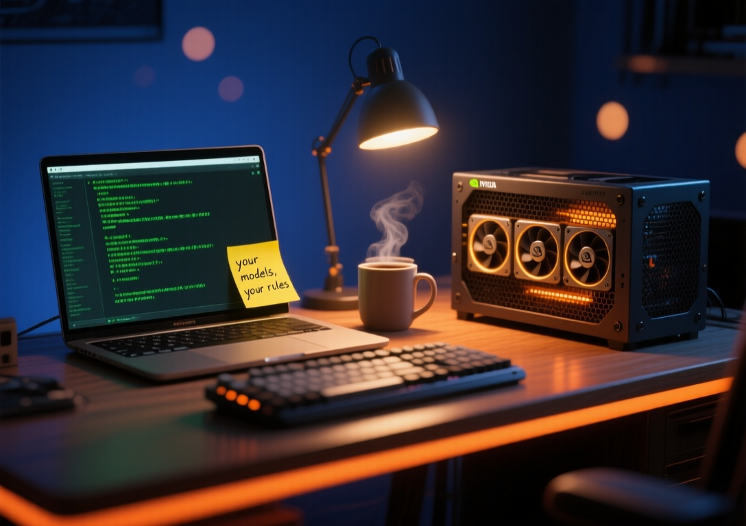 cinematic photoreal illustration of intimate homelab desk at night, shot from slightly elevated angle looking down at workspace, FOREGROUND LEFT: black mechanical keyboard with subtle white LED backlighting slightly out of focus creating soft glow, wireless mouse beside it, MIDDLE GROUND CENTER-LEFT: 15-inch MacBook Pro or ThinkPad laptop open showing full-screen terminal window with bright emerald green #10b981 monospace text streaming live AI token generation output 'Generating... token 847/2048' visible, screen has soft blue-white glow illuminating surroundings, small yellow Post-it note stuck to top bezel of laptop screen with handwritten black ink text 'your models your rules' in casual script, MIDDLE GROUND RIGHT: compact desktop mini tower or small rack unit approximately 12 inches tall containing 2-3 NVIDIA RTX 4090 or 3090 graphics cards visible through black mesh front panel with hexagonal perforations, each GPU has warm amber LED strips #f59e0b glowing along the edges creating horizontal light bars, soft orange rim light from GPUs casting warm glow on right side of desk surface and wall behind, faint heat shimmer effect above the GPU unit, DESK SURFACE: dark walnut or black wood finish desk with subtle wood grain texture, clean and minimal with only essential items, soft amber and teal reflections on glossy surface from various light sources, RIGHT EDGE: white ceramic coffee mug with thin wisps of steam rising, small potted succulent plant in concrete pot, BACKGROUND: deep midnight navy blue wall #0f172a with subtle texture, upper left corner has warm brass or copper desk lamp with conical shade creating focused pool of warm yellow light on desk, background fades to soft bokeh with circular light orbs in cool blue and warm amber tones suggesting depth, subtle teal accent light strip along wall edge, LIGHTING: key light from laptop screen (cool blue-white), fill light from desk lamp (warm yellow), accent light from GPUs (warm amber), rim light on hardware edges, subtle ambient glow from background, MOOD: cozy yet powerful, intimate workspace meets serious compute, warm inviting atmosphere with technical capability, sense of ownership and control, quiet confidence, STYLE: cinematic realism, shallow depth of field (f/2.8), soft focus on foreground keyboard, sharp focus on laptop screen and GPU unit, natural bokeh in background, color grading with warm shadows and cool highlights, subtle film grain, professional product photography aesthetic mixed with environmental portrait lighting